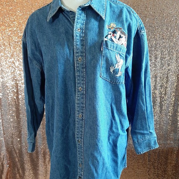 Vintage authentic Warner Studio Looneytunes blue denim long sleeve shirt Size L - Picture 1 of 8